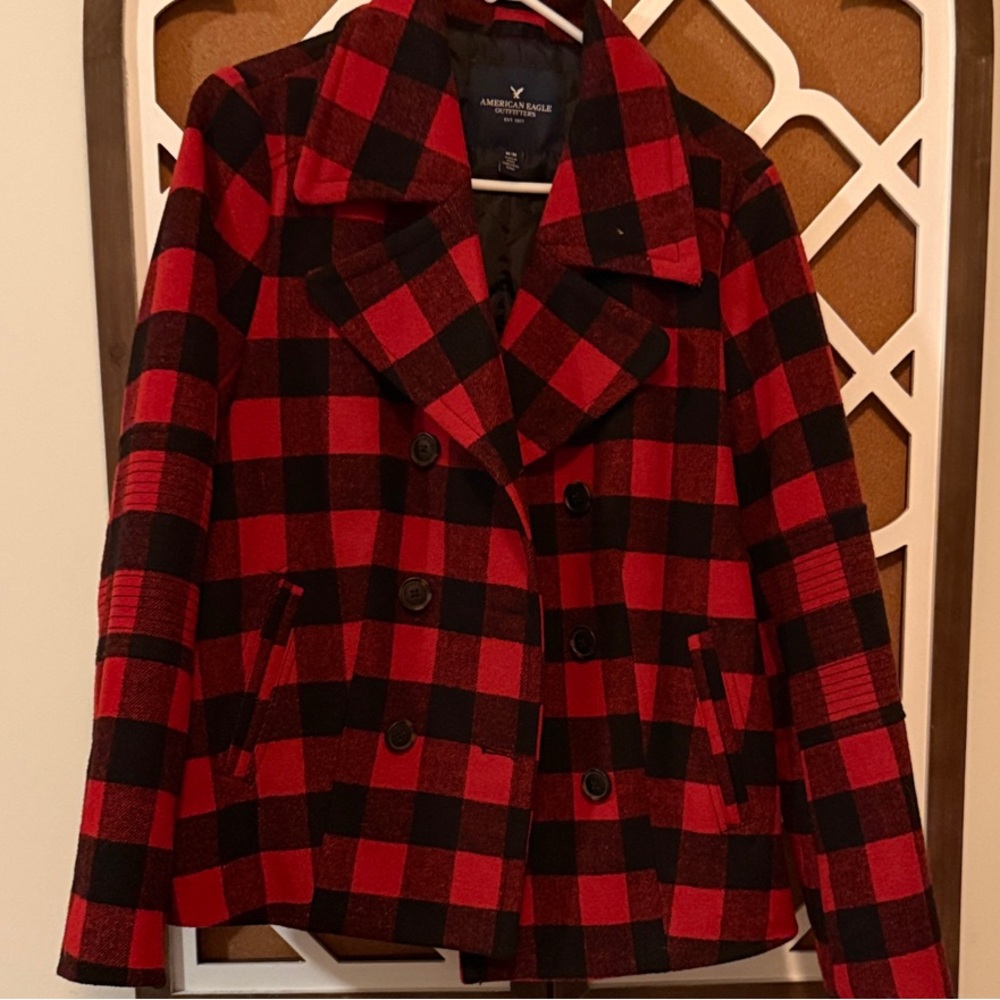 American Eagle Outfitters Red and Black Plaid Pea Coat